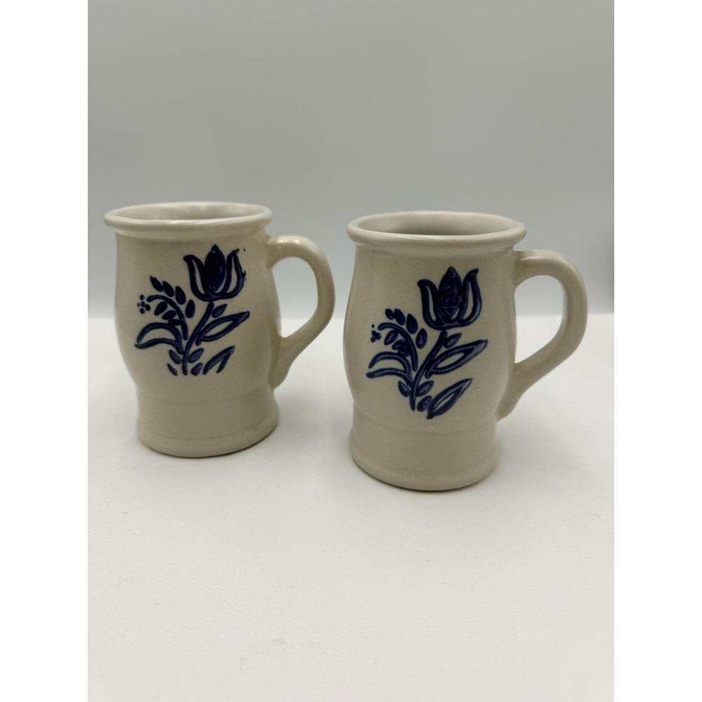 Vintage Pfaltzgraff Yorktowne Stoneware Blue Floral Coffee Barrel Mug Set Of 2